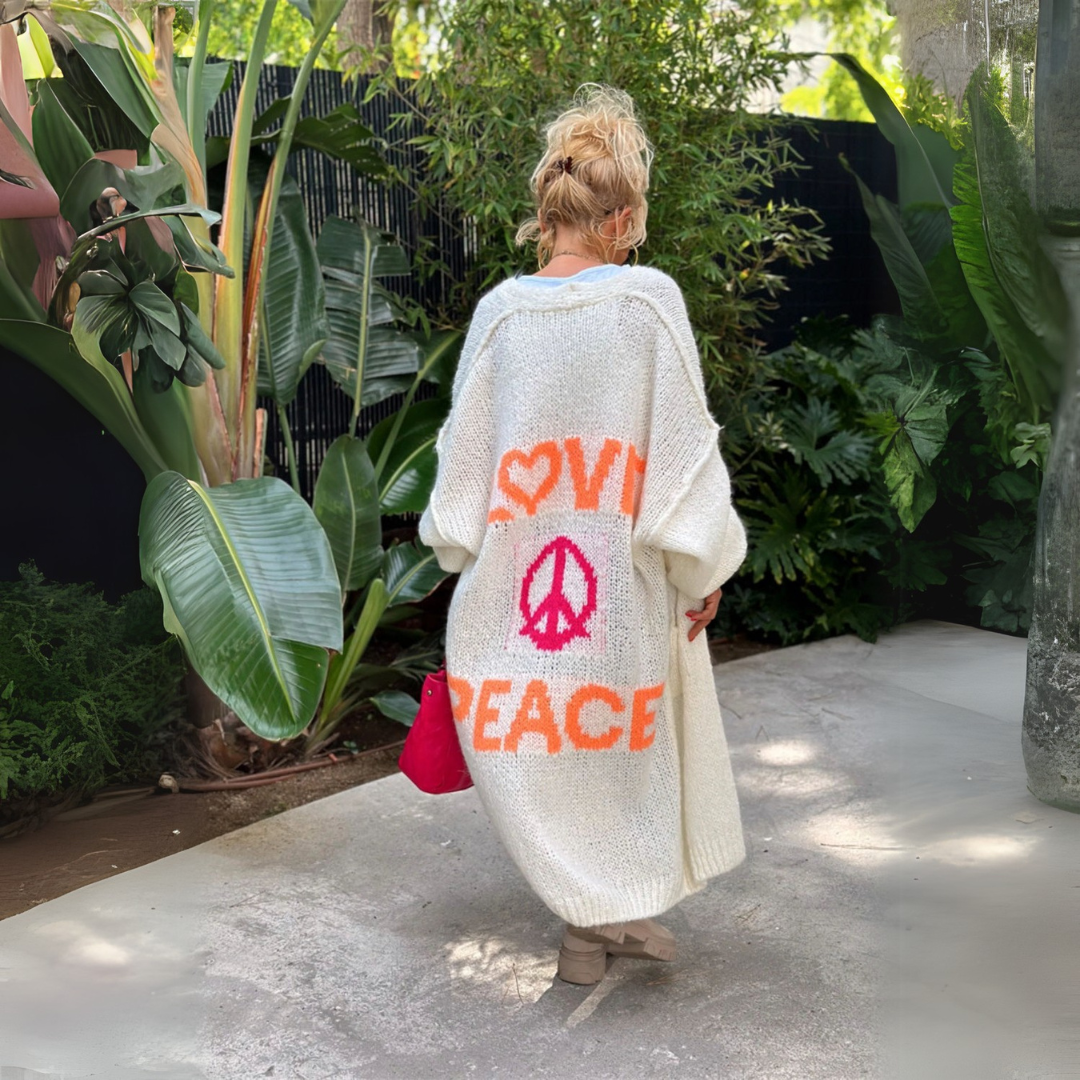 Sára | Hosszú kardigán "Love and Peace" felirattal