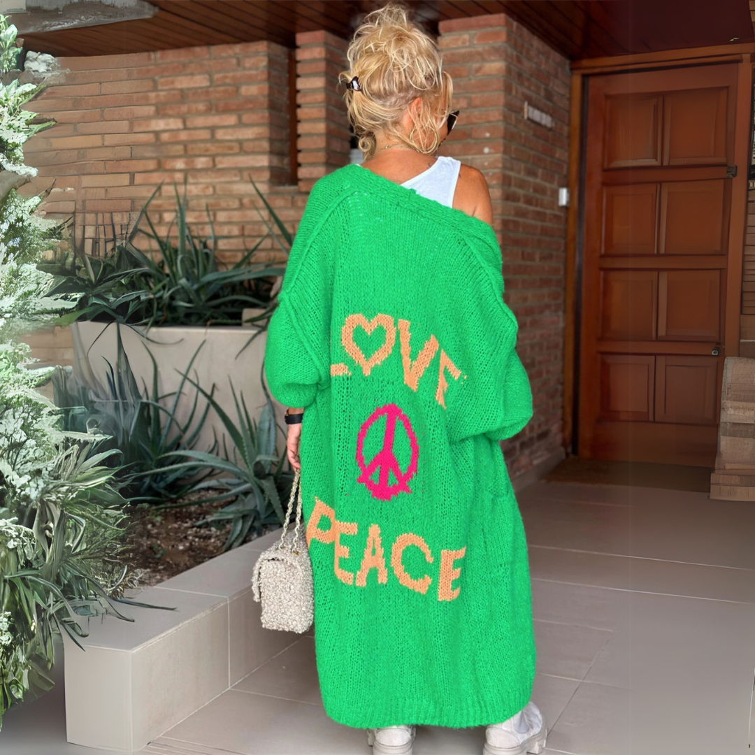 Sára | Hosszú kardigán "Love and Peace" felirattal