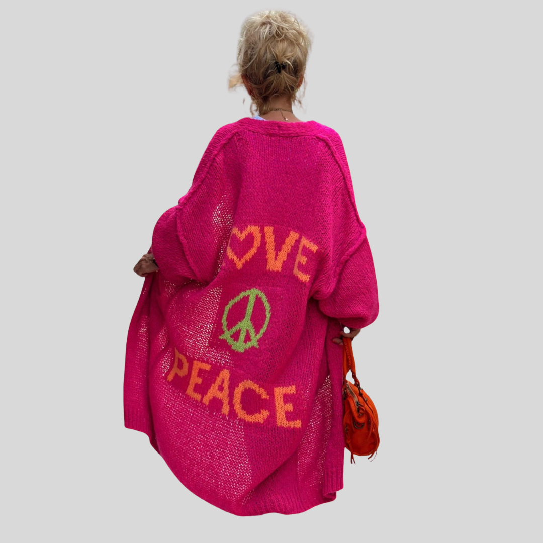 Sára | Hosszú kardigán "Love and Peace" felirattal