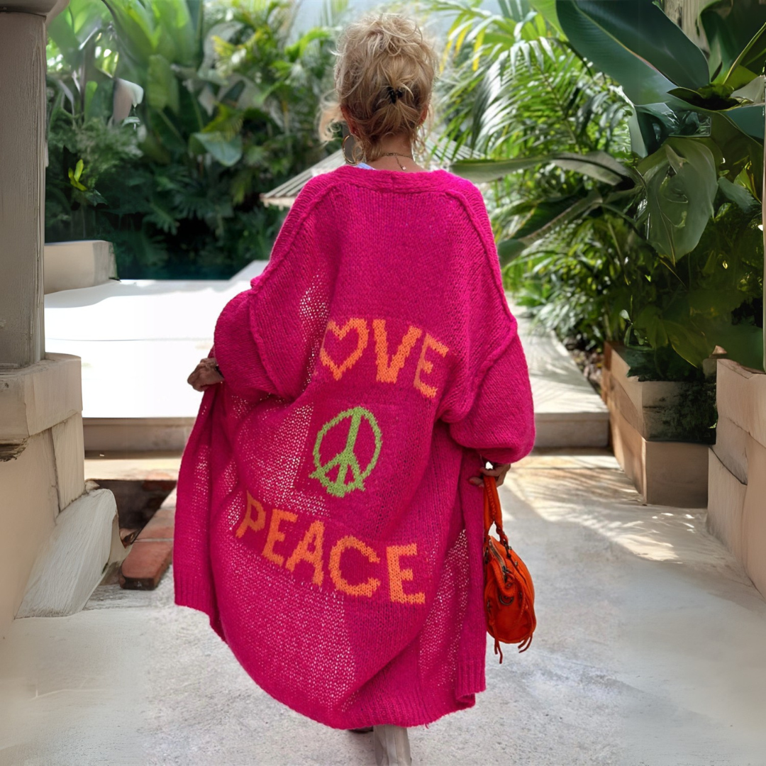 Sára | Hosszú kardigán "Love and Peace" felirattal
